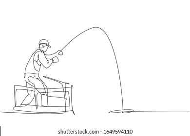 One continuous line drawing of young happy fisherman standing and fishing from ferry boat at the ocean. Fishing leisure hobby vacation concept. Dynamic single line draw design vector illustration
