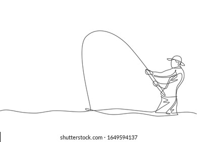 One continuous line drawing of young fisherman happy standing and fishing a fish on lake streaming. Fishing leisure hobby vacation concept. Dynamic single line draw design graphic vector illustration
