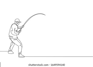 One continuous line drawing of young happy fisherman standing and fishing bait a fish at riverside. Fishing leisure hobby vacation concept. Dynamic single line draw design vector illustration graphic
