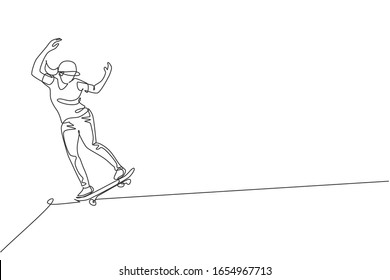 Una línea continua de dibujo de un joven hombre de la frescura patinadora montando patineta y haciendo un truco de diapositivas en el parque de patinaje. Concepto deportivo de adolescente extremo. Ilustración vectorial de diseño de línea única dinámica