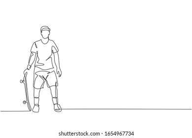 Una línea continua de dibujo de un joven hombre fresco de skateboarder sosteniendo el patinaje y posando con estilo en el parque de patinaje. Concepto deportivo de adolescente extremo. Ilustración vectorial de diseño de línea única dinámica