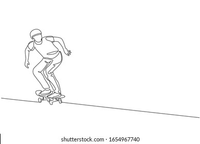 One continuous line drawing of young cool skateboarder man riding skateboard and doing a trick in skatepark. Extreme teenager sport concept. Dynamic single line draw design graphic vector illustration