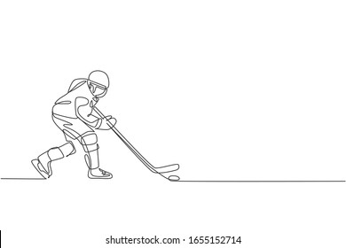 One continuous line drawing of young professional ice hockey player exercising and practicing on ice rink stadium. Healthy extreme sport concept. Dynamic single line draw design vector illustration