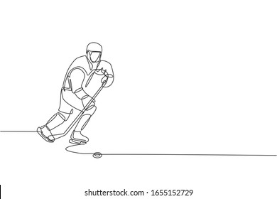 One continuous line drawing of young professional ice hockey player exercising and practicing on ice rink stadium. Healthy extreme sport concept. Dynamic single line draw design vector illustration