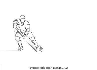 One continuous line drawing of young professional ice hockey player exercising and practicing on ice rink stadium. Healthy extreme sport concept. Dynamic single line draw design vector illustration