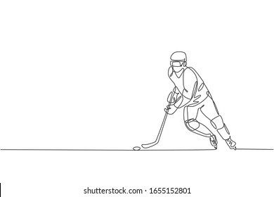 One continuous line drawing of young professional ice hockey player exercising and practicing on ice rink stadium. Healthy extreme sport concept. Dynamic single line draw design vector illustration
