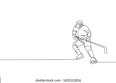 One continuous line drawing of young professional ice hockey player exercising and practicing on ice rink stadium. Healthy extreme sport concept. Dynamic single line draw design vector illustration