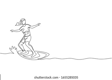 One continuous line drawing young happy tourist surfer exercising surfing on wavy ocean. Healthy extreme watersport concept. Summer holiday. Dynamic single line draw design vector graphic illustration