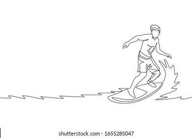 One continuous line drawing young happy tourist surfer exercising surfing on wavy ocean. Healthy extreme watersport concept. Summer holiday. Dynamic single line draw design vector illustration graphic