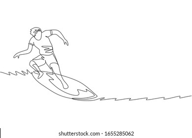 One continuous line drawing young happy tourist surfer exercising surfing on wavy ocean. Healthy extreme watersport concept. Summer holiday. Dynamic single line draw design vector illustration graphic