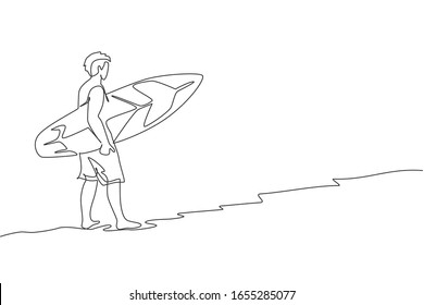 One continuous line drawing of young happy tourist surfer walking on sandy beach and carrying surfboard. Extreme watersport concept. Summer holiday. Dynamic single line draw design vector illustration