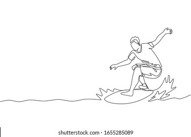 One continuous line drawing young happy tourist surfer exercising surfing on wavy ocean. Healthy extreme watersport concept. Summer holiday. Dynamic single line draw graphic design vector illustration