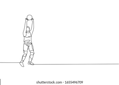 One continuous line drawing of young male professional volleyball player in action on court. Healthy competitive team sport concept. Dynamic single line draw design graphic vector illustration