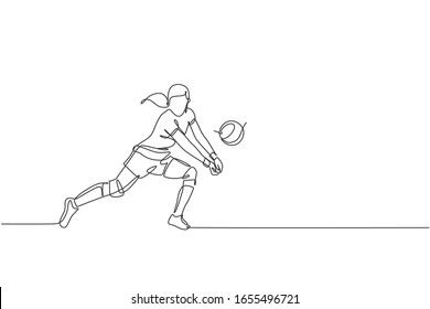 Un dibujo de línea continua de una joven jugadora de voleibol profesional en acción en la cancha. Un concepto de deporte de equipo competitivo saludable. Ilustración vectorial de diseño de línea única dinámica