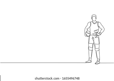 One continuous line drawing of young male professional volleyball player pose standing on court. Healthy competitive team sport concept. Dynamic single line draw design vector graphic illustration