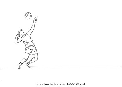 Un dibujo de línea continua de un joven jugador de voleibol profesional en acción sirve al balón en la cancha. Un concepto de deporte de equipo competitivo saludable. Ilustración vectorial de diseño de línea única dinámica