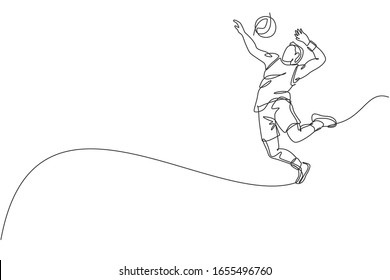 One continuous line drawing of young male professional volleyball player in action jumping spike on court. Healthy competitive team sport concept. Dynamic single line draw design vector illustration