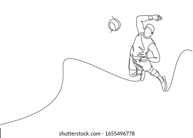 One continuous line drawing of young male professional volleyball player in action jumping smash on court. Healthy competitive team sport concept. Dynamic single line draw design vector illustration