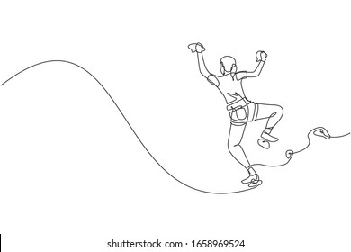 One continuous line drawing of young bravery climber woman practice overhanging wall climbing with safety rope. Dangerous extreme sport concept. Dynamic single line draw design vector illustration
