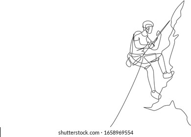 One continuous line drawing of young bravery climber man practice overhanging rock cliff mountain with safety rope. Dangerous extreme sport concept. Dynamic single line draw design vector illustration