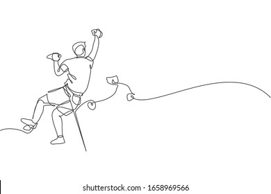 One continuous line drawing of young bravery climber man practice overhanging rock cliff mountain with safety rope. Dangerous extreme sport concept. Dynamic single line draw design vector illustration