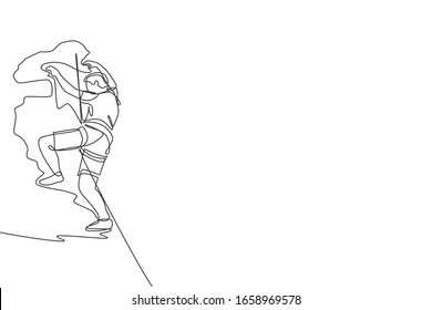 One continuous line drawing of young bravery climber man practice overhanging rock cliff mountain with safety rope. Dangerous extreme sport concept. Dynamic single line draw design vector illustration