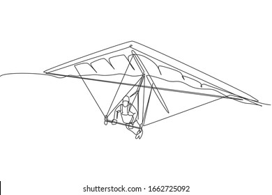One continuous line drawing of young bravery man flying in the sky using hang gliding parachute. Outdoor dangerous extreme sport concept. Dynamic single line draw design vector illustration graphic