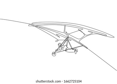 Una línea continua de dibujo de un joven valiente que vuela en el cielo usando un paracaídas de ala delta. Concepto de deporte extremo peligroso al aire libre. Ilustración vectorial de diseño de línea única dinámica