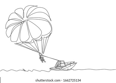 One continuous line drawing of young bravery flying in the sky using parasailing parachute behind the boat. Outdoor dangerous extreme sport concept. Dynamic single line draw design vector illustration