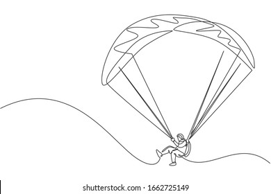 Una línea continua de dibujo de un joven valiente que vuela en el cielo usando paracaídas en parapente. Concepto de deporte extremo peligroso al aire libre. Ilustración vectorial de diseño de línea única dinámica