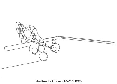 One continuous line drawing of young handsome man focus aiming before hit the pool billiard balls with stick. Tournament indoor sport game concept. Dynamic single line draw design vector illustration