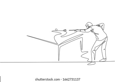One continuous line drawing of young handsome man focus aiming before hit the pool billiard balls with stick. Tournament indoor sport game concept. Dynamic single line draw design vector illustration