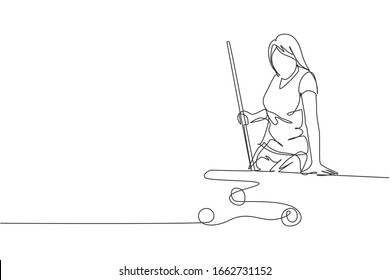 One continuous line drawing of young beauty woman focus aiming before hit the pool billiard balls with stick. Tournament indoor sport game concept. Dynamic single line draw design vector illustration