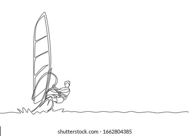 One continuous line drawing of young energetic man fun play windsurfing in the sea ocean. Healthy lifestyle sport concept. Happy tourist vacation. Dynamic single line draw design vector illustration