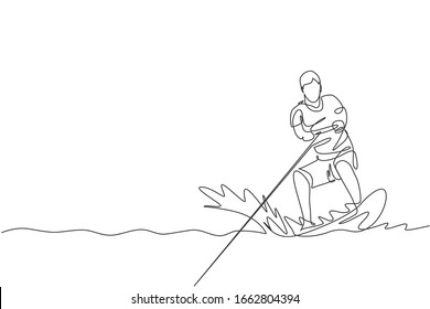 Un dibujo de línea continua de un hombre joven y enérgico jugando a wakeboarding en el océano marino. Concepto deportivo de estilo de vida saludable. Felices vacaciones turísticas. Ilustración vectorial de diseño de línea única dinámica