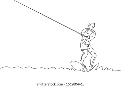 One continuous line drawing of young energetic man fun play wakeboarding in the sea ocean. Healthy lifestyle sport concept. Happy tourist vacation. Dynamic single line draw design vector illustration