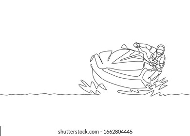 One continuous line drawing of young energetic man fun play jet skiing in the sea ocean. Healthy lifestyle sport concept. Happy tourist vacation. Dynamic single line draw design vector illustration