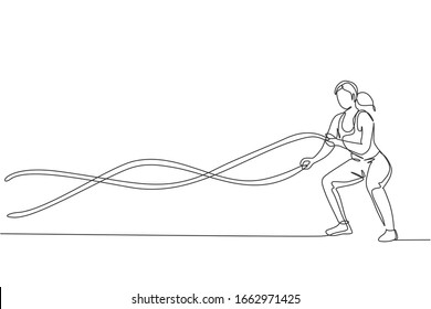 One continuous line drawing young woman training battle rope in fitness training gym. Healthy sport lifestyle concept. Stretching and working out. Dynamic single line draw design vector illustration