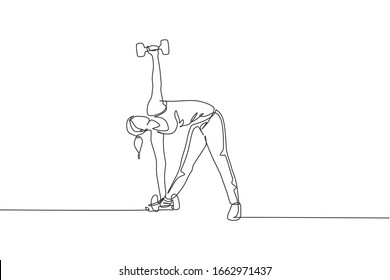 One continuous line drawing of young woman training. Side lunge windmill pose in fitness training gym. Healthy sport lifestyle concept. Stretching and work out.  Dynamic single line draw design vector