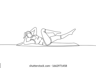 One continuous line drawing of young woman training doing criss cross pilates in fitness training gym. Healthy sport lifestyle concept. Stretching and work out. Dynamic single line draw design vector