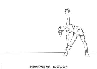 One continuous line drawing of young sporty woman working out side lunge windmill pose in fitness gym club center. Healthy fitness sport concept. Dynamic single line draw design vector illustration