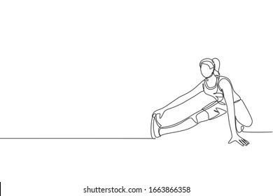 One continuous line drawing of young sporty woman working out stretching pull toes leg in fitness gym club center. Healthy fitness sport concept. Dynamic single line draw design vector illustration