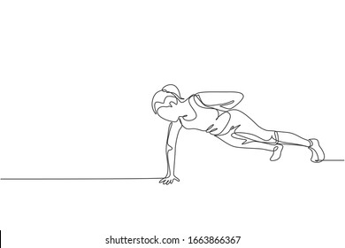 Una línea continua de dibujo de una joven deportista que trabaja empuja hacia arriba con una mano en el gimnasio centro. Concepto de deporte saludable para el fitness. Ilustración vectorial de diseño de línea única dinámica