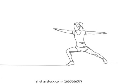 One continuous line drawing of young sporty woman working out stretching pose in fitness gym club center. Healthy fitness sport concept. Dynamic single line draw design vector graphic illustration