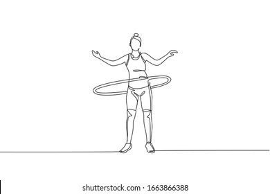 One continuous line drawing of young sporty woman fun working out with hula hoops in fitness gym club center. Healthy fitness sport concept. Dynamic single line draw graphic design vector illustration