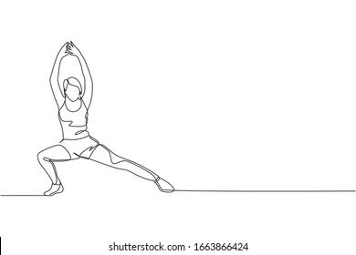 One continuous line drawing of young sporty woman working out stretching in fitness gym club center. Healthy fitness sport concept. Dynamic single line draw design graphic vector illustration