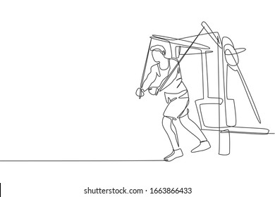 One continuous line drawing of young sporty man working out with crossover cable machine in fitness gym club center. Healthy fitness sport concept. Dynamic single line draw design vector illustration