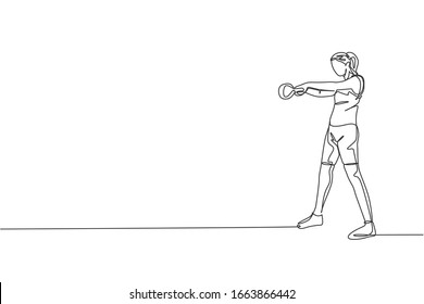 Eine durchgehende Zeichnung junger Sportlerinnen, die im Fitness-Fitness-Club-Center Barbell anlegen. Gesundes Fitnesssportkonzept. Dynamische Vektorillustration für Einzelzeilenzeichnung