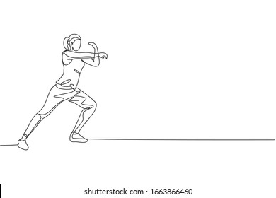 One continuous line drawing of young sporty woman work stretching out and warming up in fitness gym club center. Healthy fitness sport concept. Dynamic single line draw design vector illustration