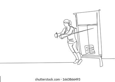 One continuous line drawing of young sporty woman working out with lat pulldown machine in fitness gym club center. Healthy fitness sport concept. Dynamic single line draw design vector illustration